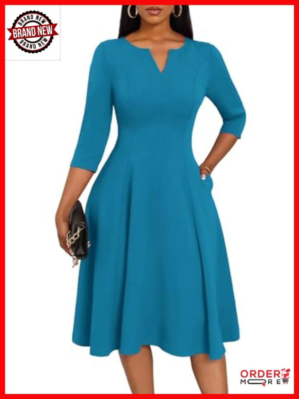A-Line Fit and Flare Midi Dress 3/4 Sleeve V-Neck with Pockets